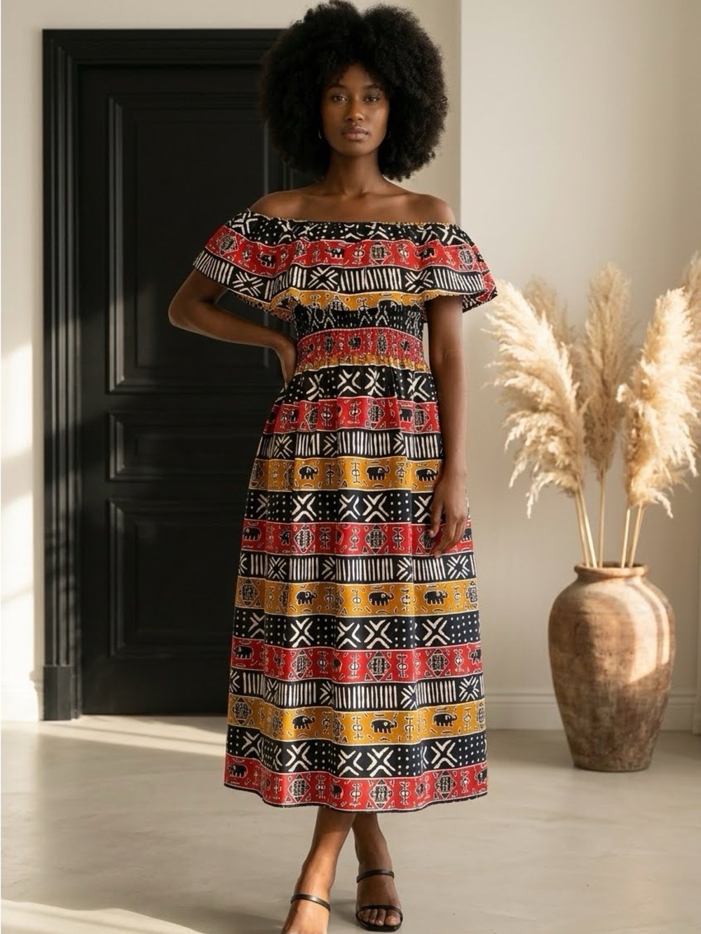 Off-Shoulder Red and Mustard Patterned Maxi Dress